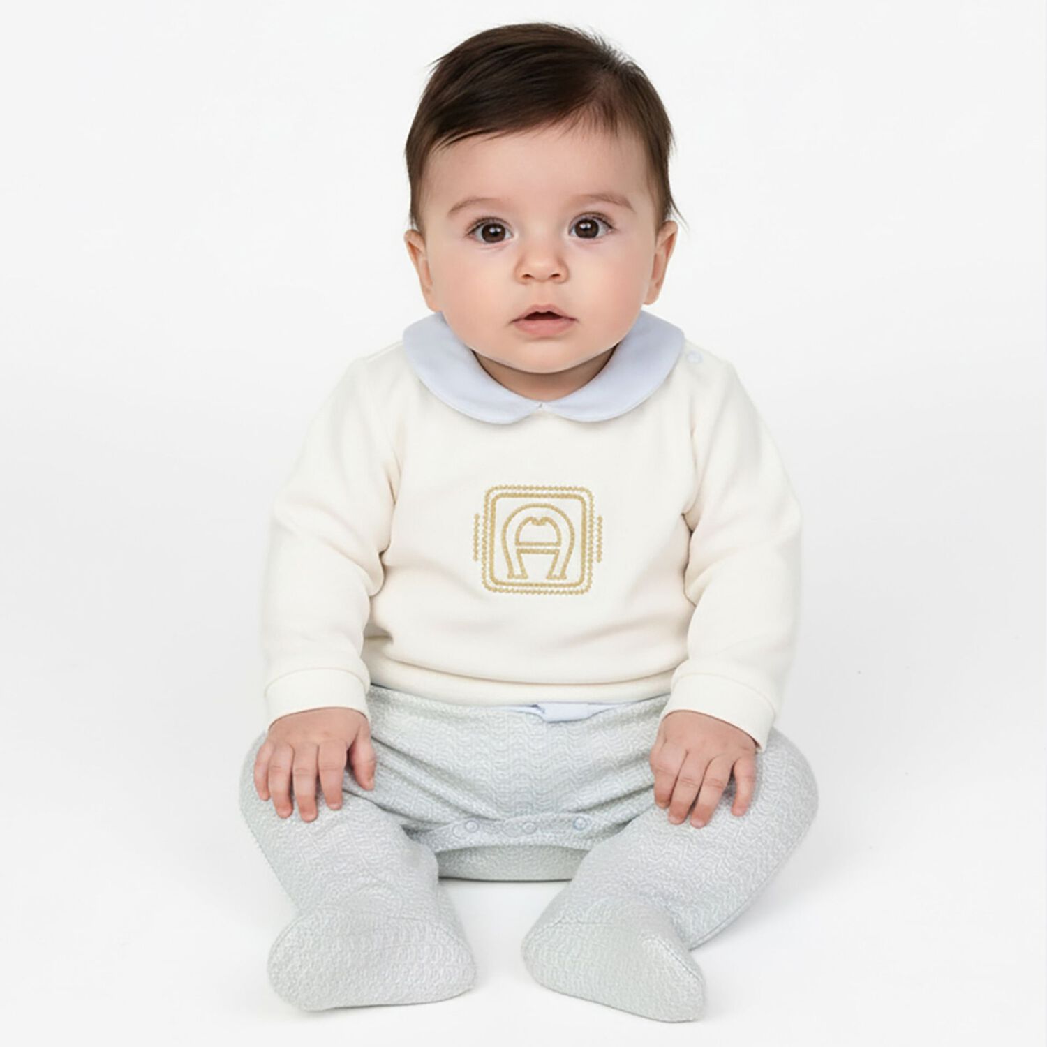 Baby Boys Ivory, Blue & Gold Logo Babygrow, 1, hi-res