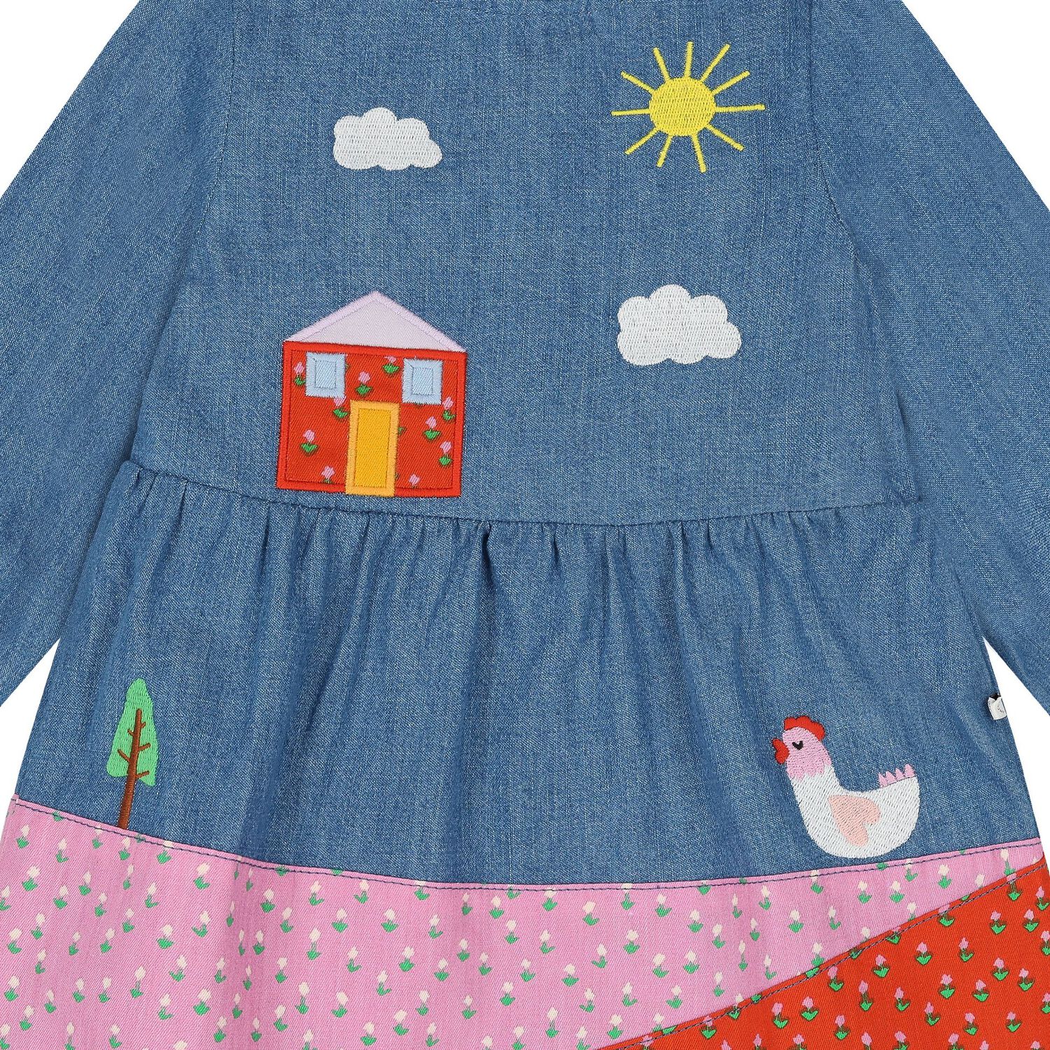 Younger Girls Blue Denim Embroidered Dress, 1, hi-res