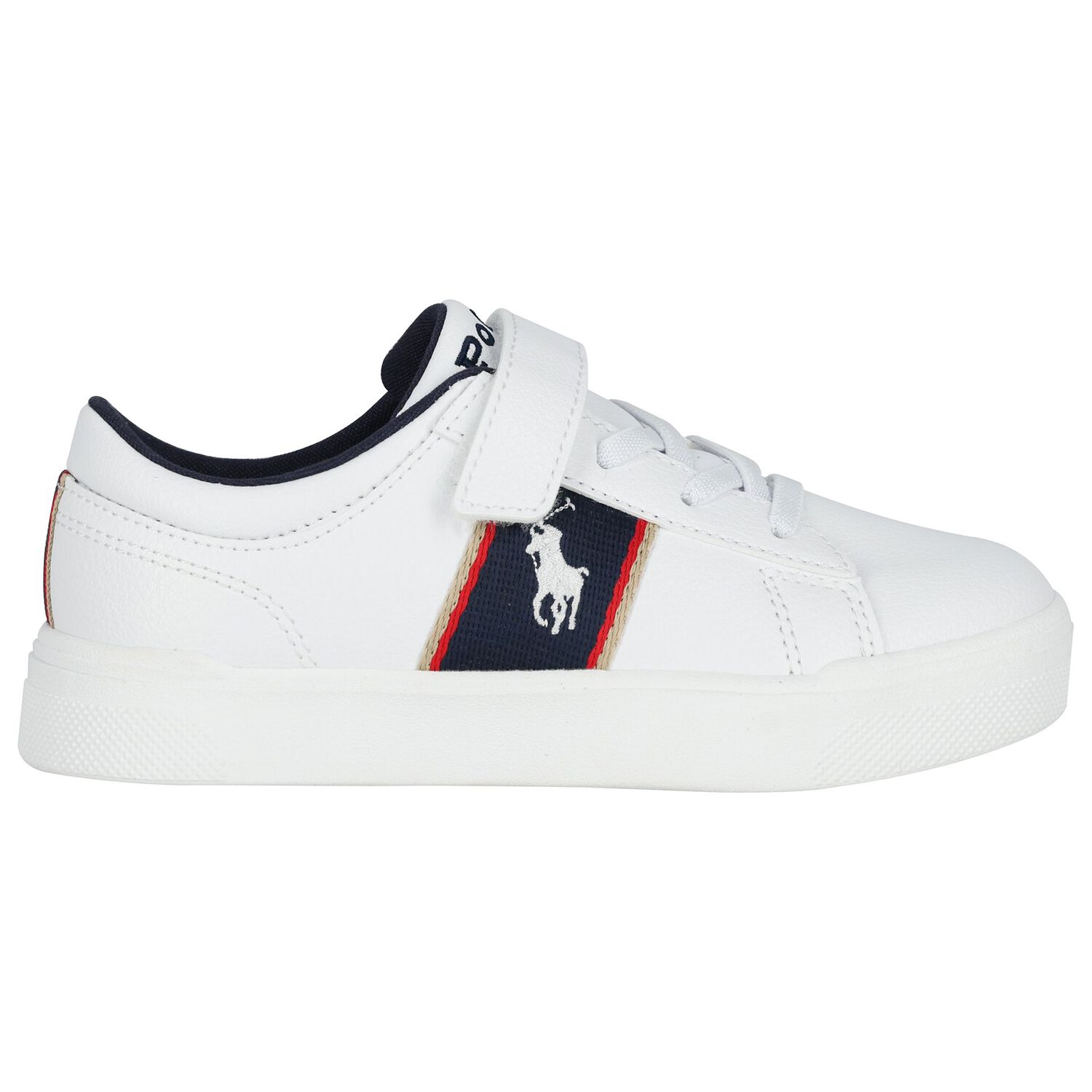 Boys White & Navy Blue Logo Trainers , 1, hi-res
