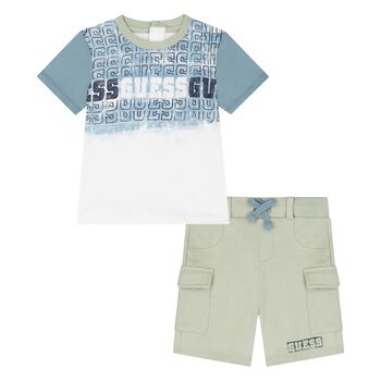 Younger Boys White & Green Logo Shorts Set