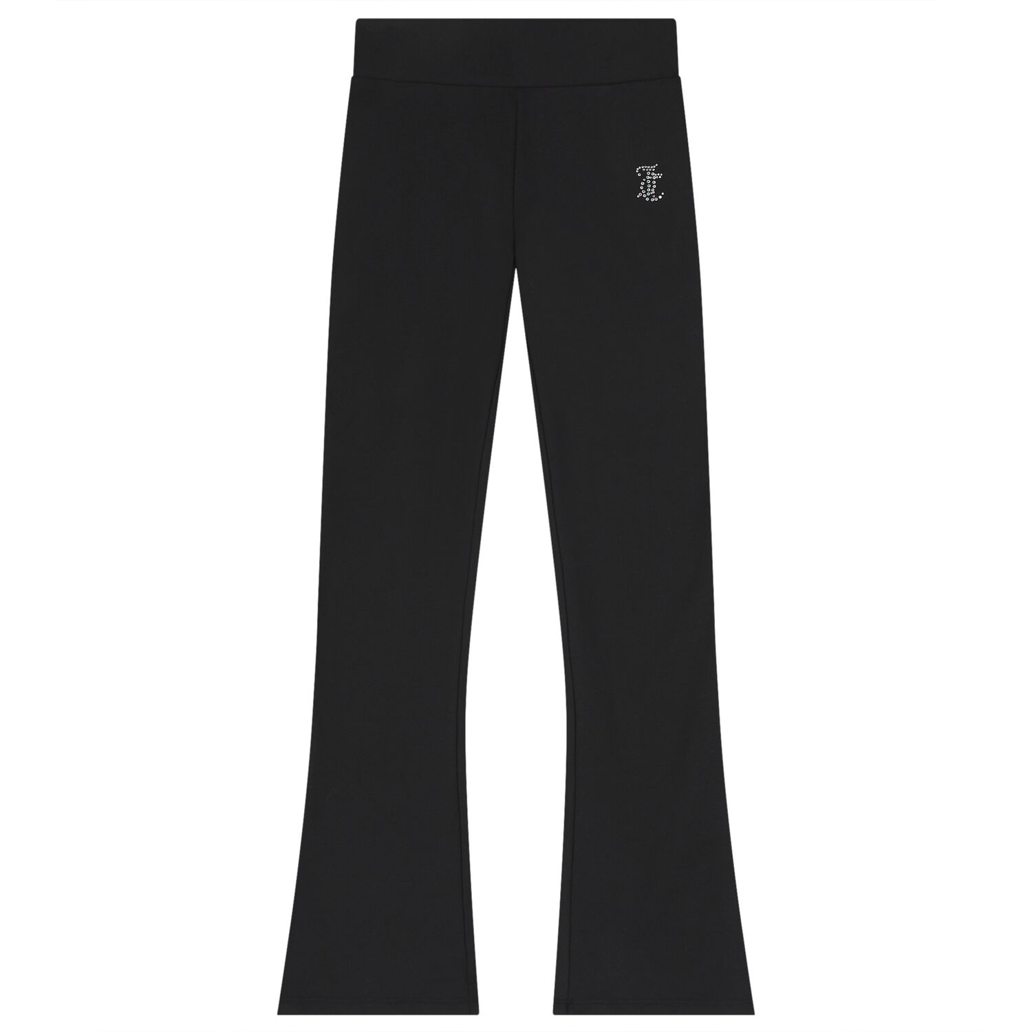 Girls Black Crystal Embellished Diamant&eacute; Logo Flared Leggings, 1, hi-res