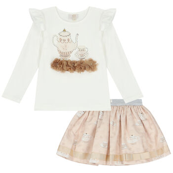 Girls Ivory & Beige Embellished Skirt Set