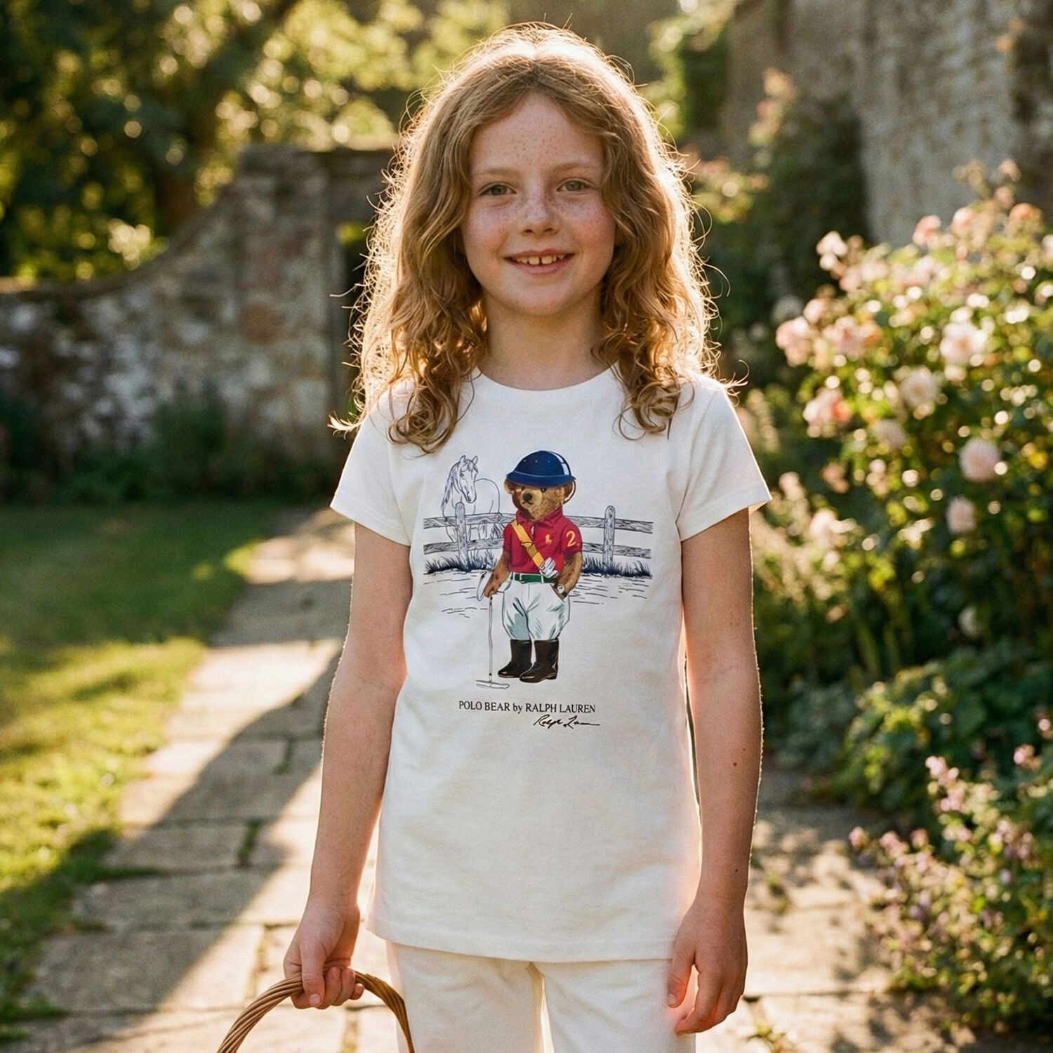 Girls White Polo Bear T-Shirt , 1, hi-res