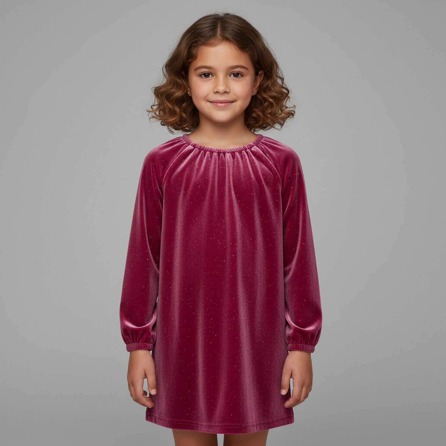 Girls Pink Sparkly Velour Dress, 1, hi-res