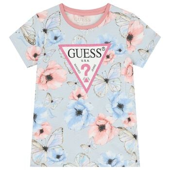 Girls Blue & Pink Floral Butterfly Logo T-Shirt