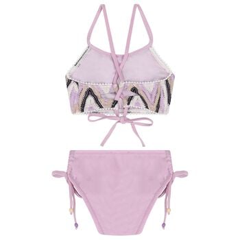 بكينى للبنات كروشيه بشكل متعرج باللون البنفسجى و الاسود والعاجى 