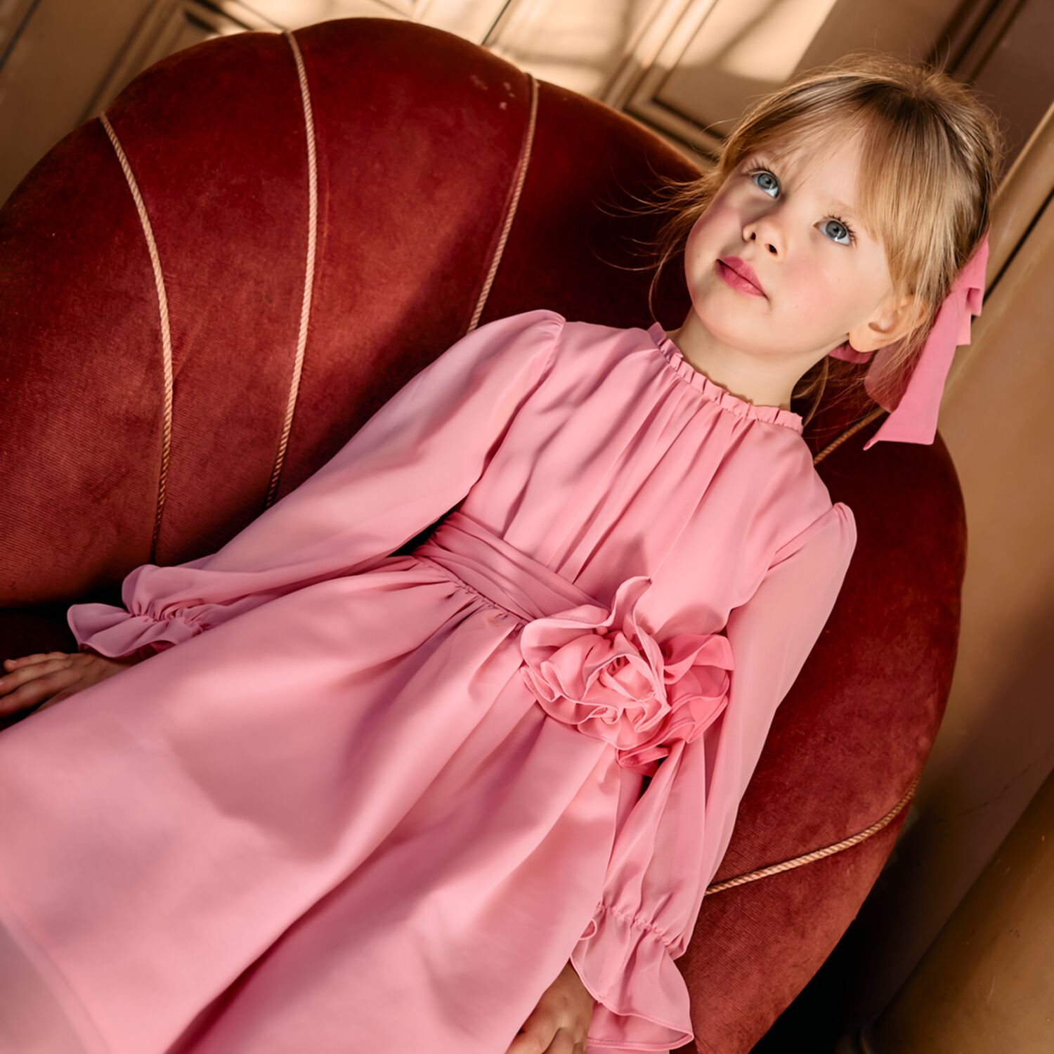 Girls Pink Floral Chiffon Dress, 1, hi-res