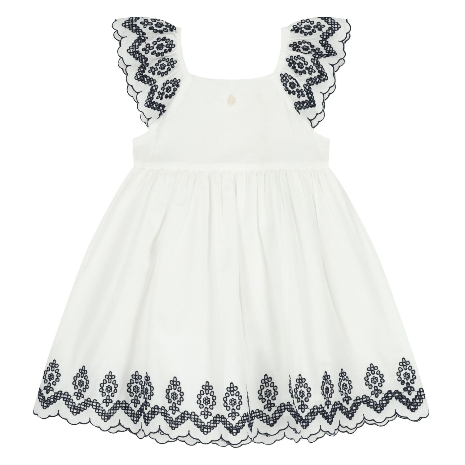Girls White & Navy Blue Embroidered Dress, 1, hi-res