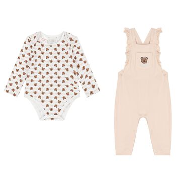 Baby Girls White & Beige Logo Dungaree Set