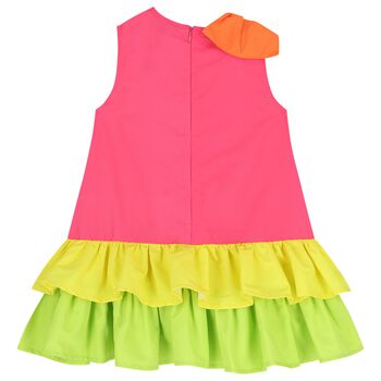 فستان بناتي وردي اللون مزين بفيونكة وشعار مرصع بالألماس