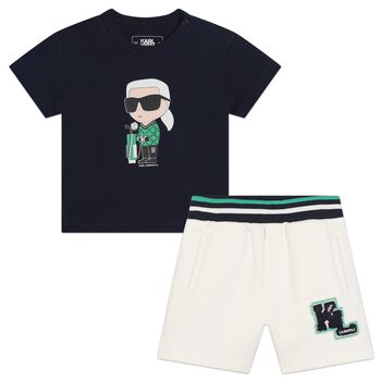 Younger Boys Navy Blue & Ivory Logo Shorts set