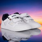 Boys White & Navy Blue Logo Trainers, 2, hi-res