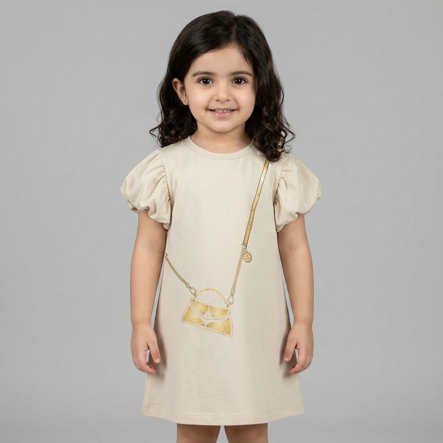 Younger Girls Beige Bag Logo Dress, 1, hi-res