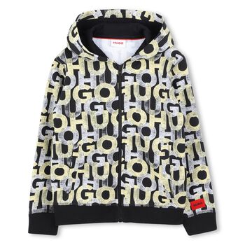 Boys Black Monogram Hooded Zip-Up Top