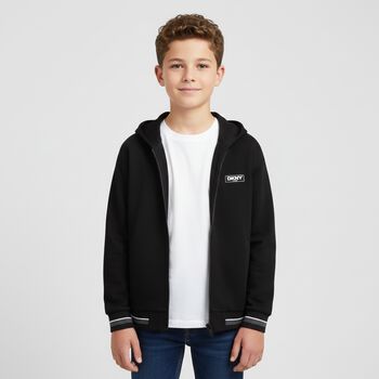 Boys Black Logo Hooded Zip Up Top