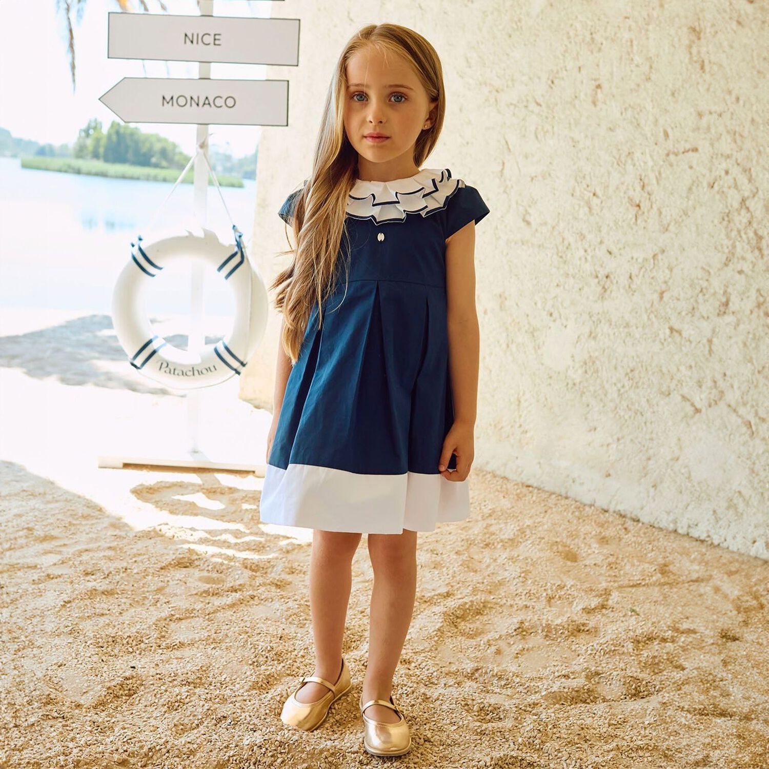 Girls Navy Blue Ruffled Collar Pleated Dress, 1, hi-res