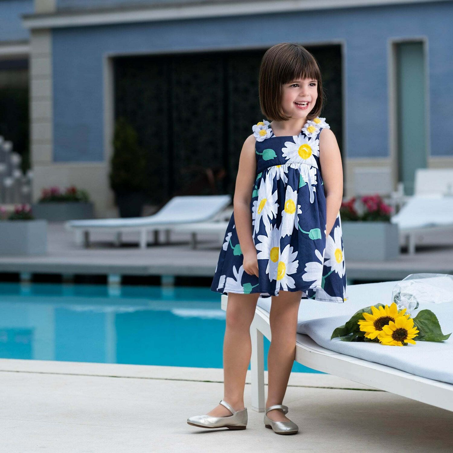 Younger Girls Blue Diasy Print Dress, 1, hi-res image number null