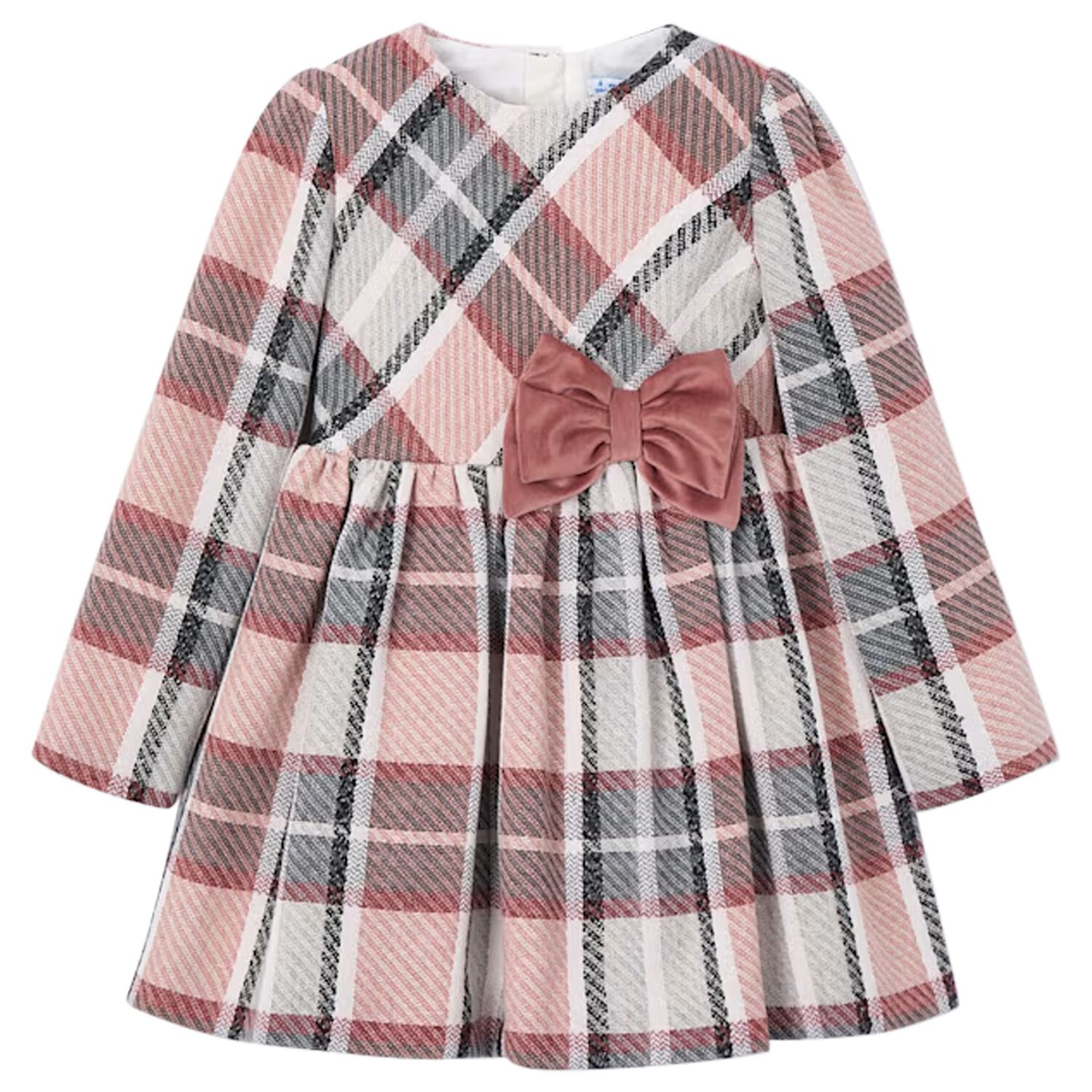 Girls Pink & Ivory Bow Checked Dress, 2, hi-res