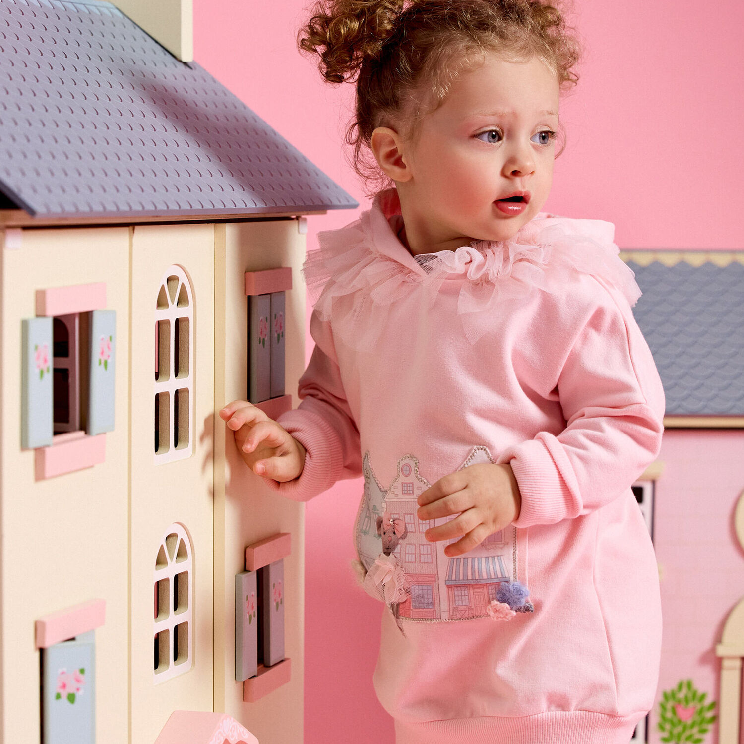 فستان بنات هودي بطبعة باللون الوردي, 1, hi-res image number null