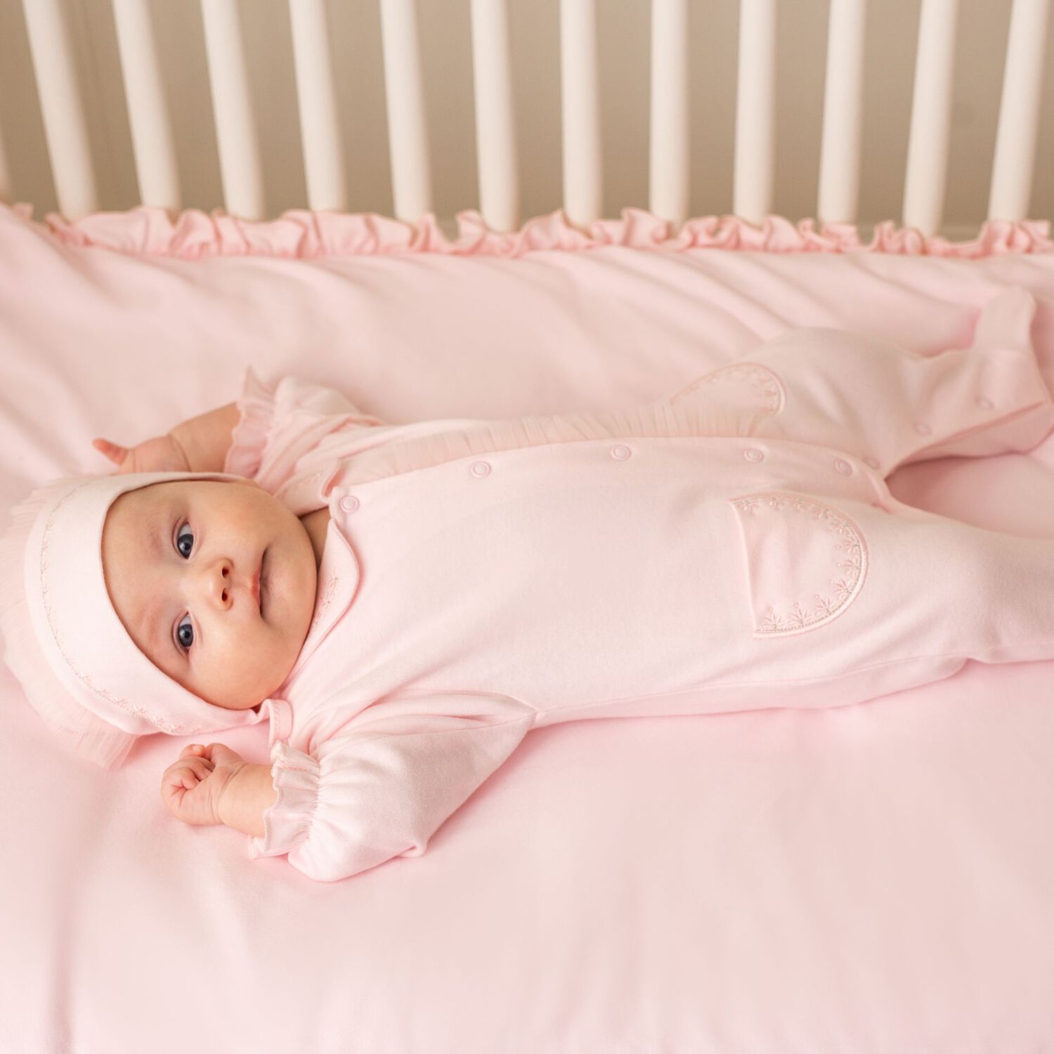Baby Girls Pink Embroidered Babygrow, 1, hi-res