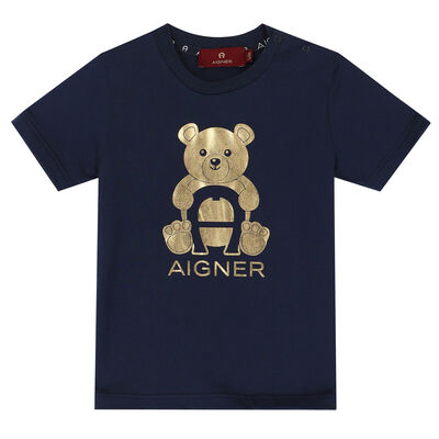 Younger Boys Navy & Gold Teddy Logo T-Shirt