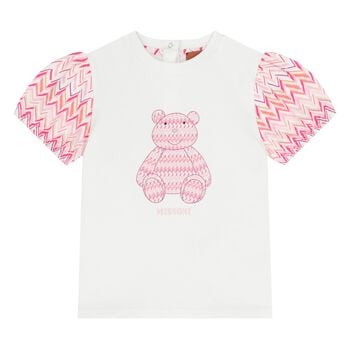 Younger Girls White & Pink Teddy Bear Zig Zag T-Shirt