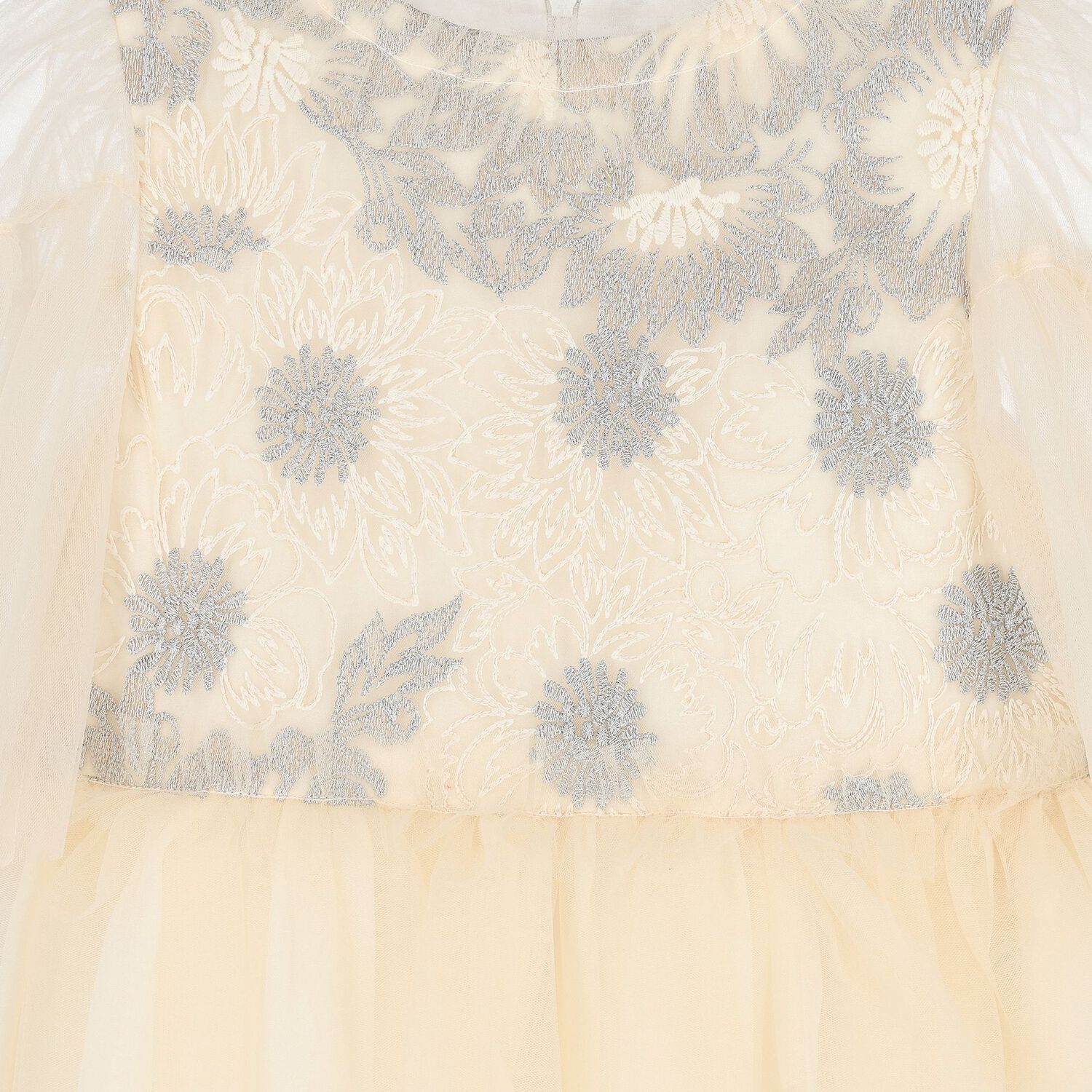 Girls Ivory & Silver Embroidered Tulle Dress , 1, hi-res