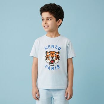Younger Boys Blue Tiger Logo T-Shirt