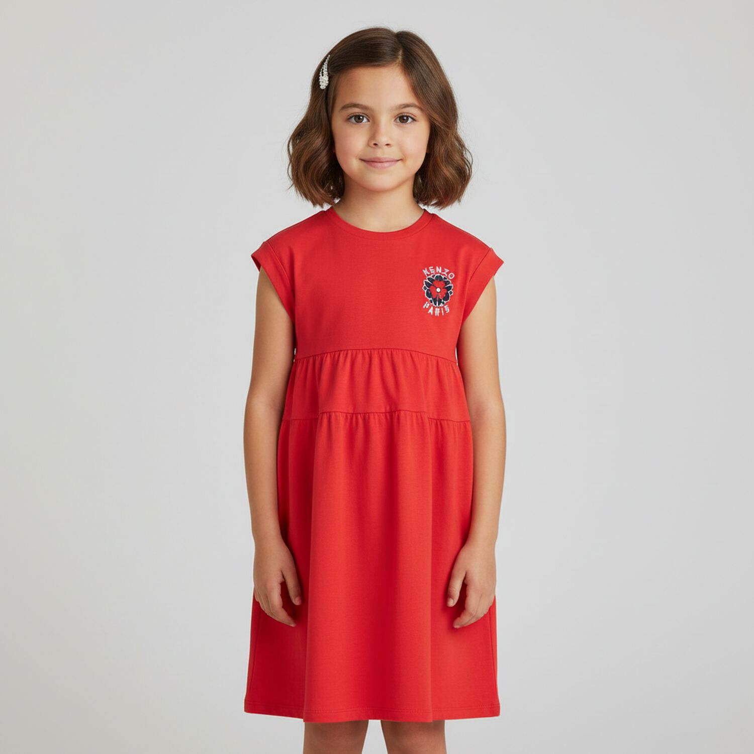 Girls Red Flower Logo Dress, 1, hi-res