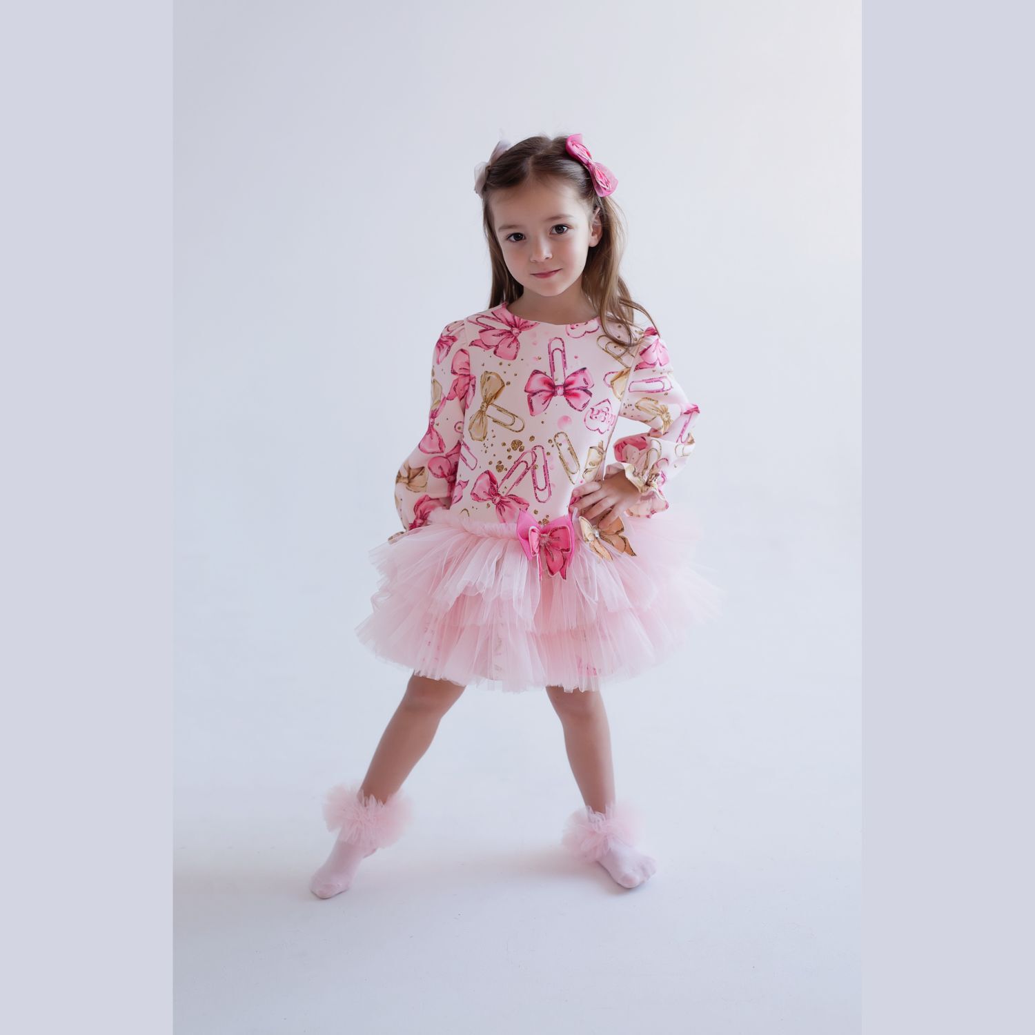 Girls Pink Bow Tulle Dress, 1, hi-res image number null
