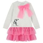 Girls Grey & Pink Logo Tulle Dress, 1, hi-res