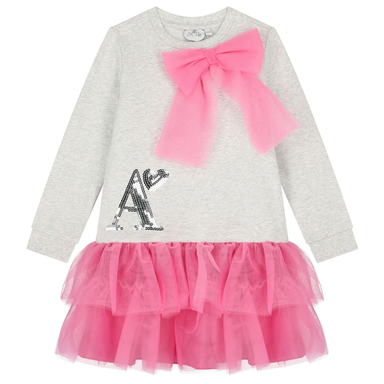 Girls Grey & Pink Logo Tulle Dress, 1, hi-res