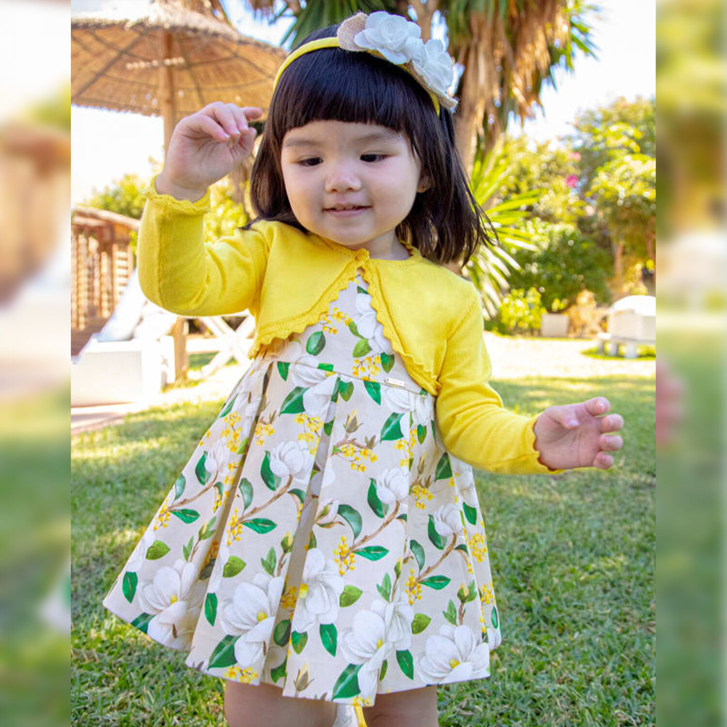 Younger Girls Beige Floral Dress, 2, hi-res