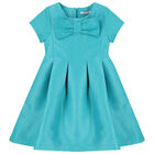 Girls Turquoise Satin Bow Dress, 1, hi-res