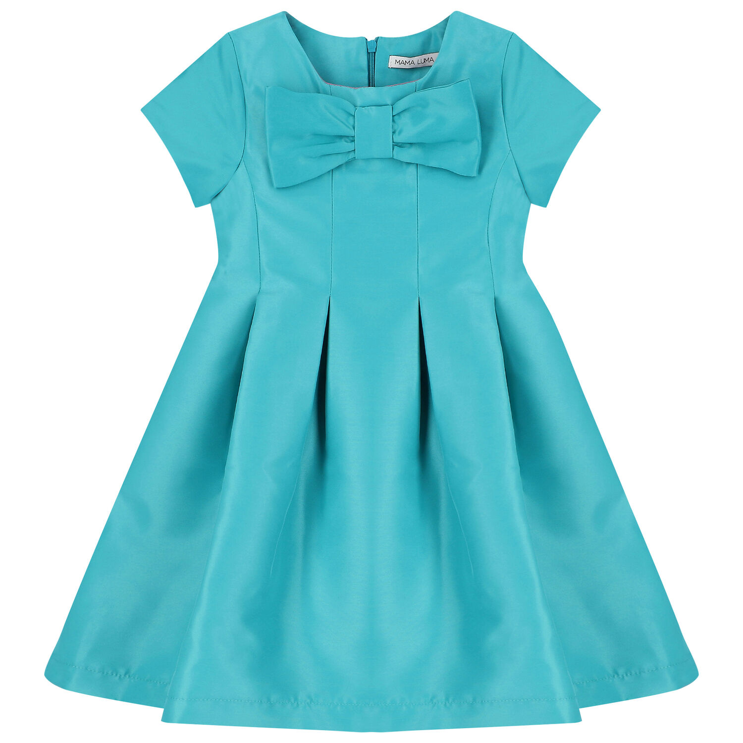 Girls Turquoise Satin Bow Dress, 1, hi-res
