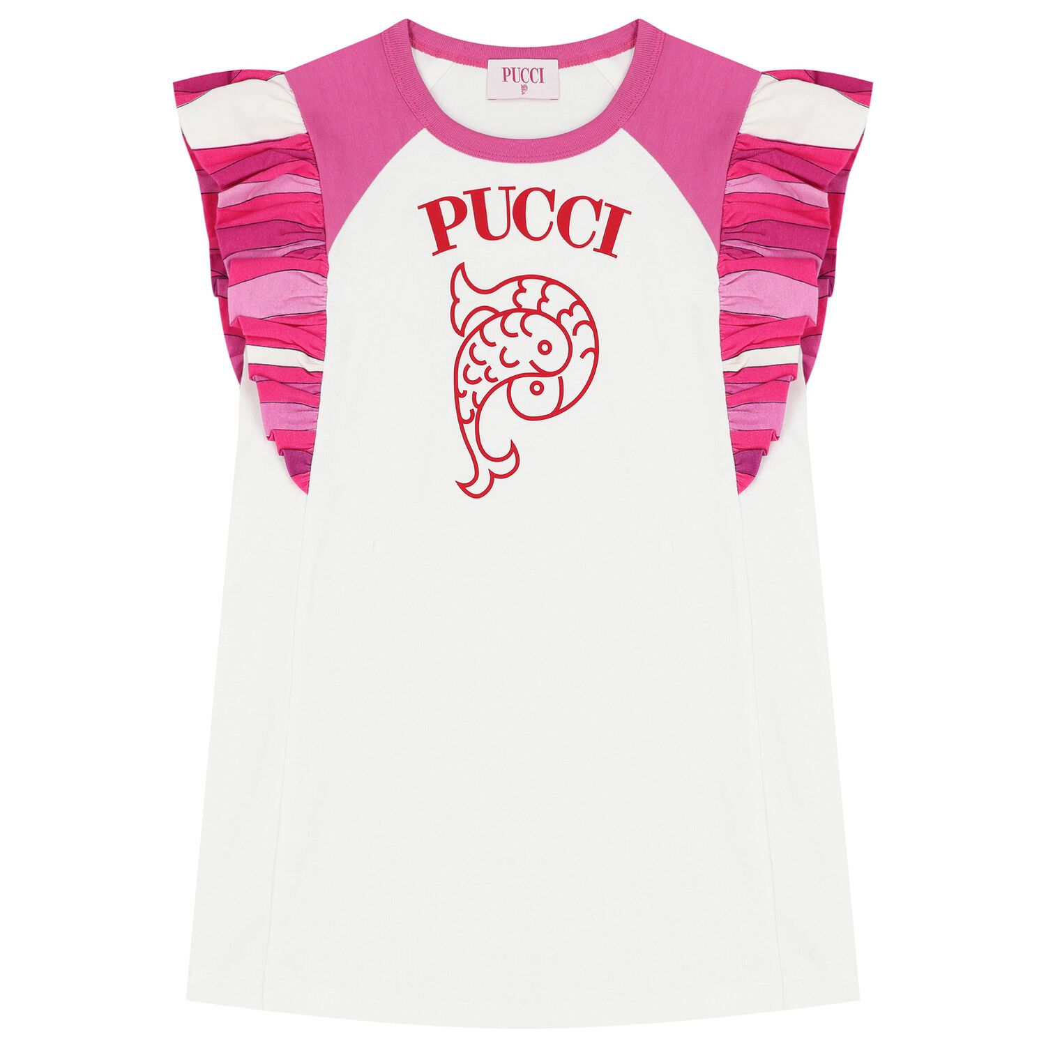 Girls White & Pink Logo Ruffled Dress, 1, hi-res