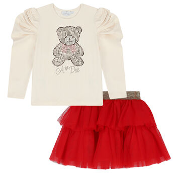 Girls Ivory & Red Teddy Skirt Set