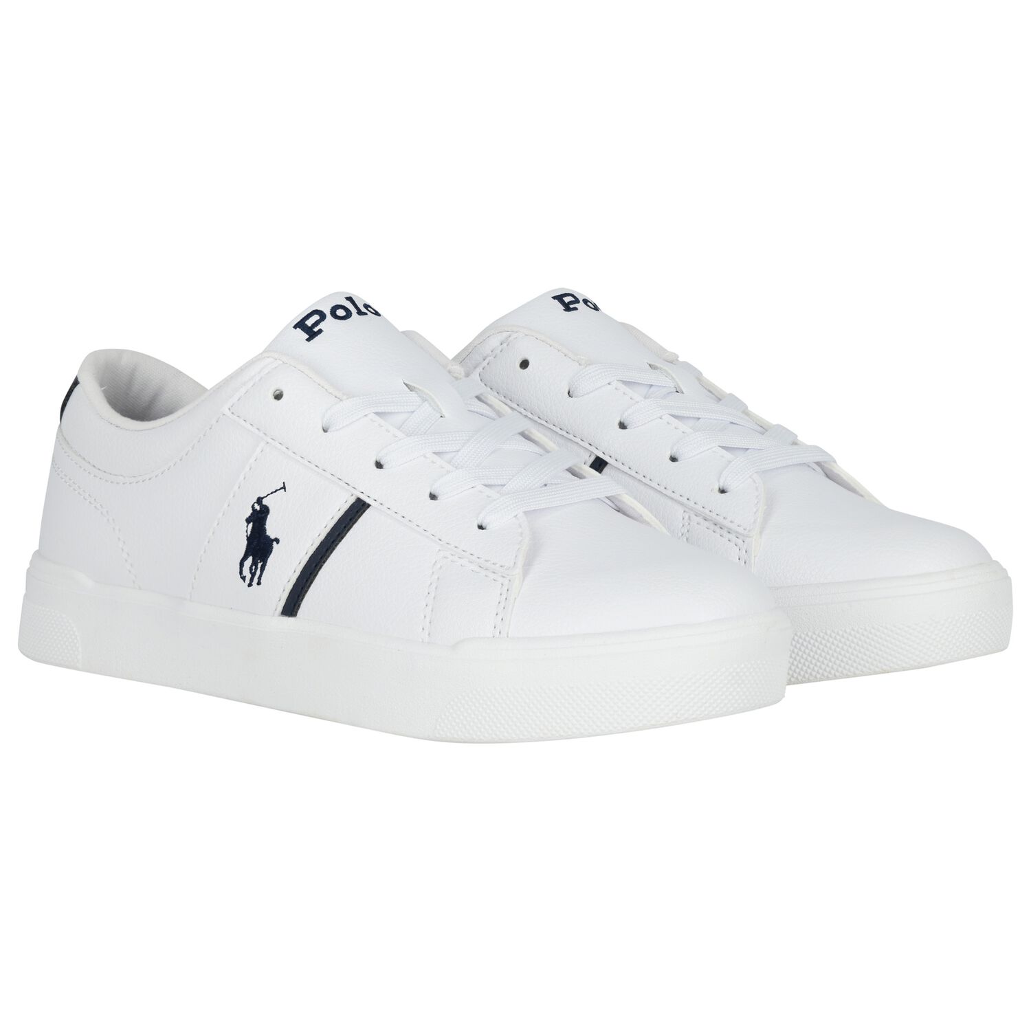 Boys White & Navy Blue Logo Trainers, 1, hi-res