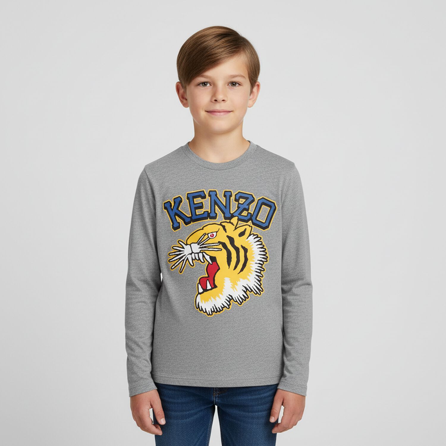 Boys Grey Tiger Logo Long Sleeve Top, 2, hi-res image number null