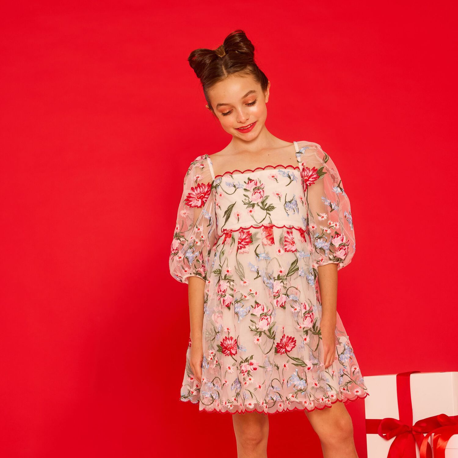 Girls Ivory & Pink Embroidered Tulle Dress , 1, hi-res