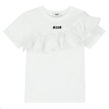 Girls White Logo Ruffled T-Shirt
