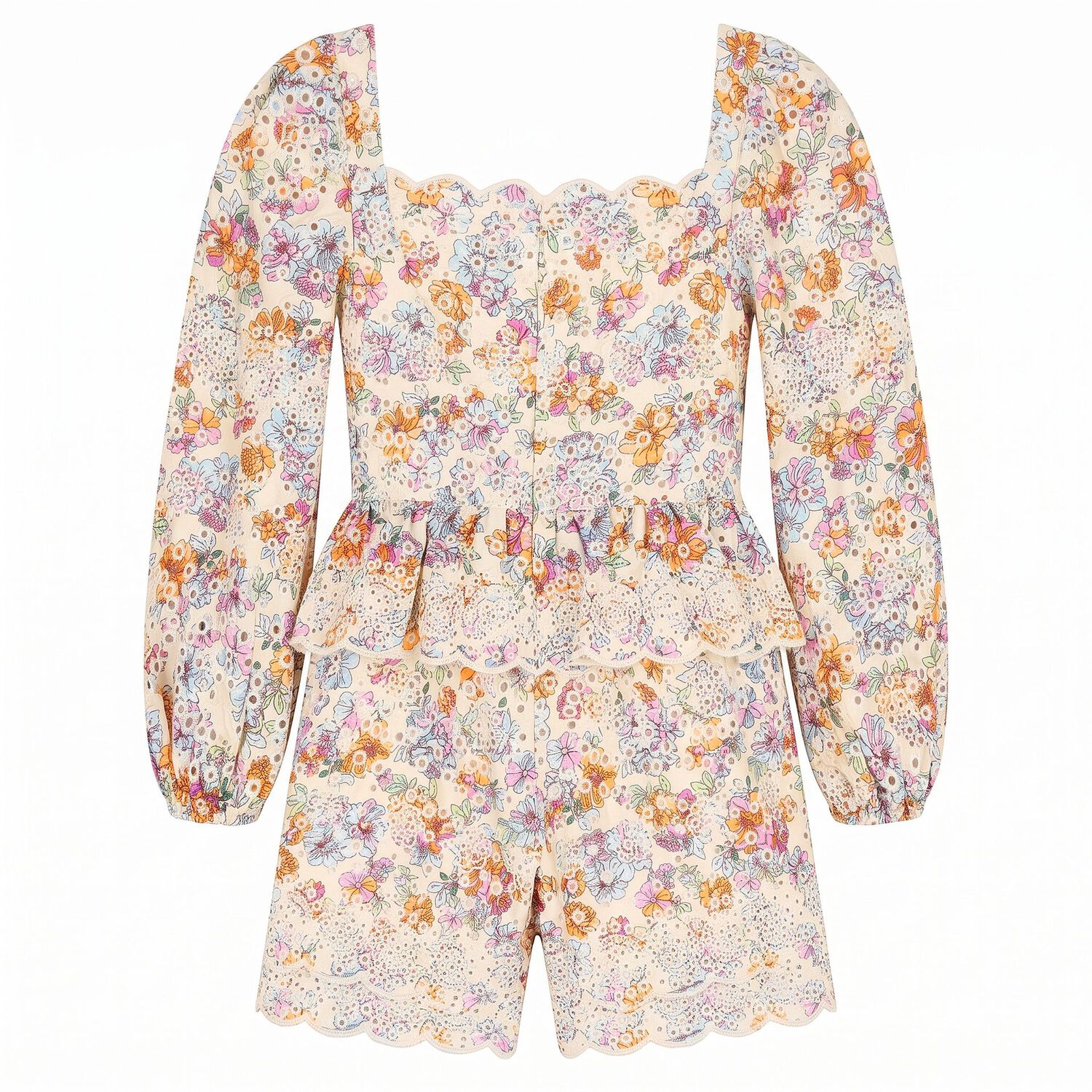 Girls Ivory Floral Embroidered Playsuit, 1, hi-res
