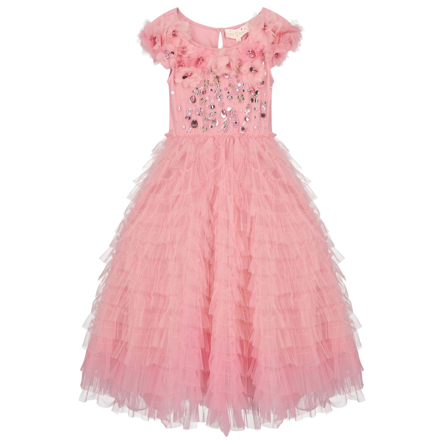 Girls Pink Flower Tulle Dress, 1, hi-res