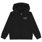 Boys Black Logo Hooded Zip Up Top, 1, hi-res