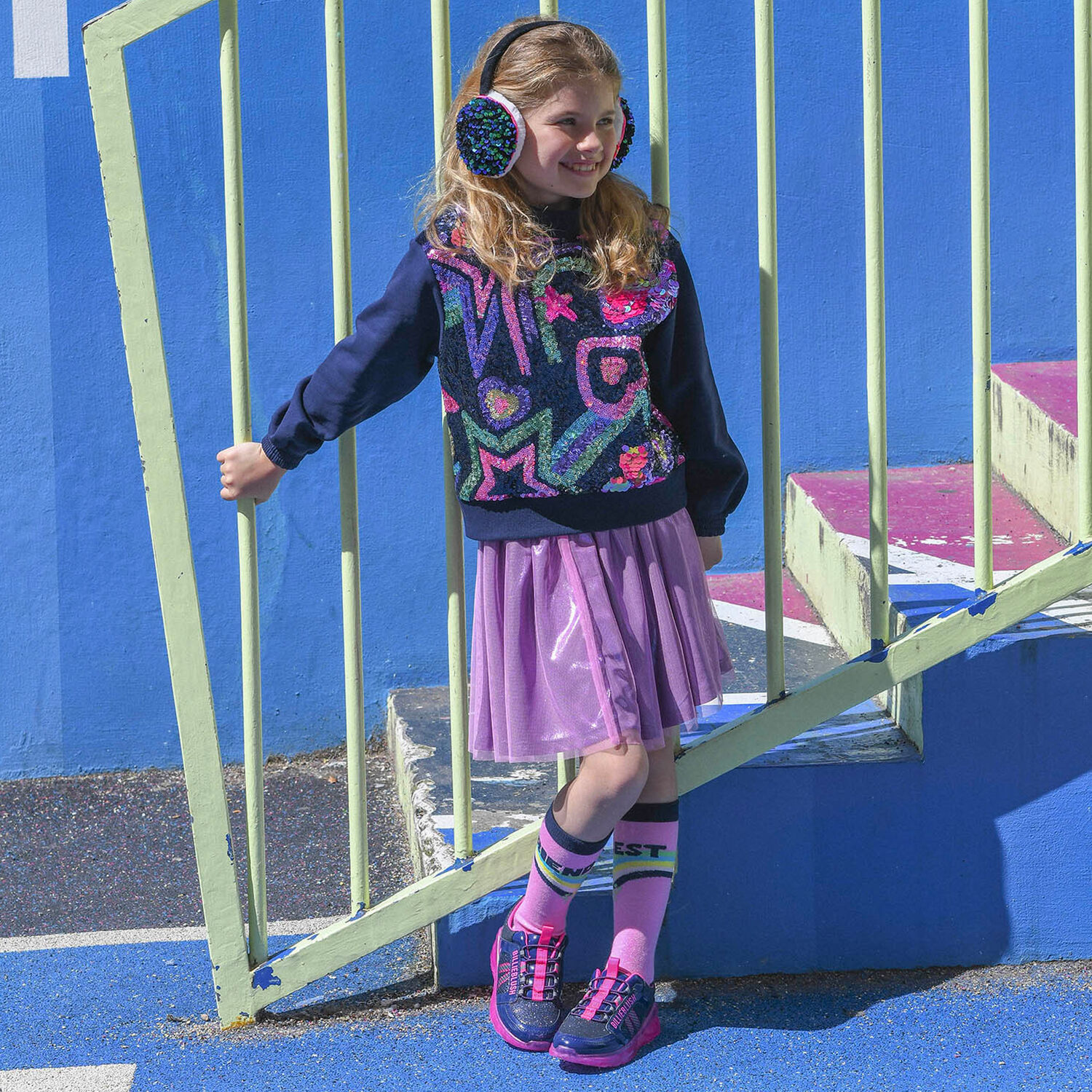 حذاء رياضى بنات بالشعار باللون الكحلى والوردى, 1, hi-res