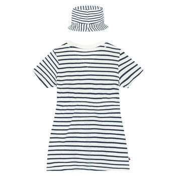 Baby Girls White & Blue Striped Dress Set