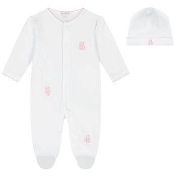 Baby Girls White & Pink Teddy Bear Babygrow Gift Set