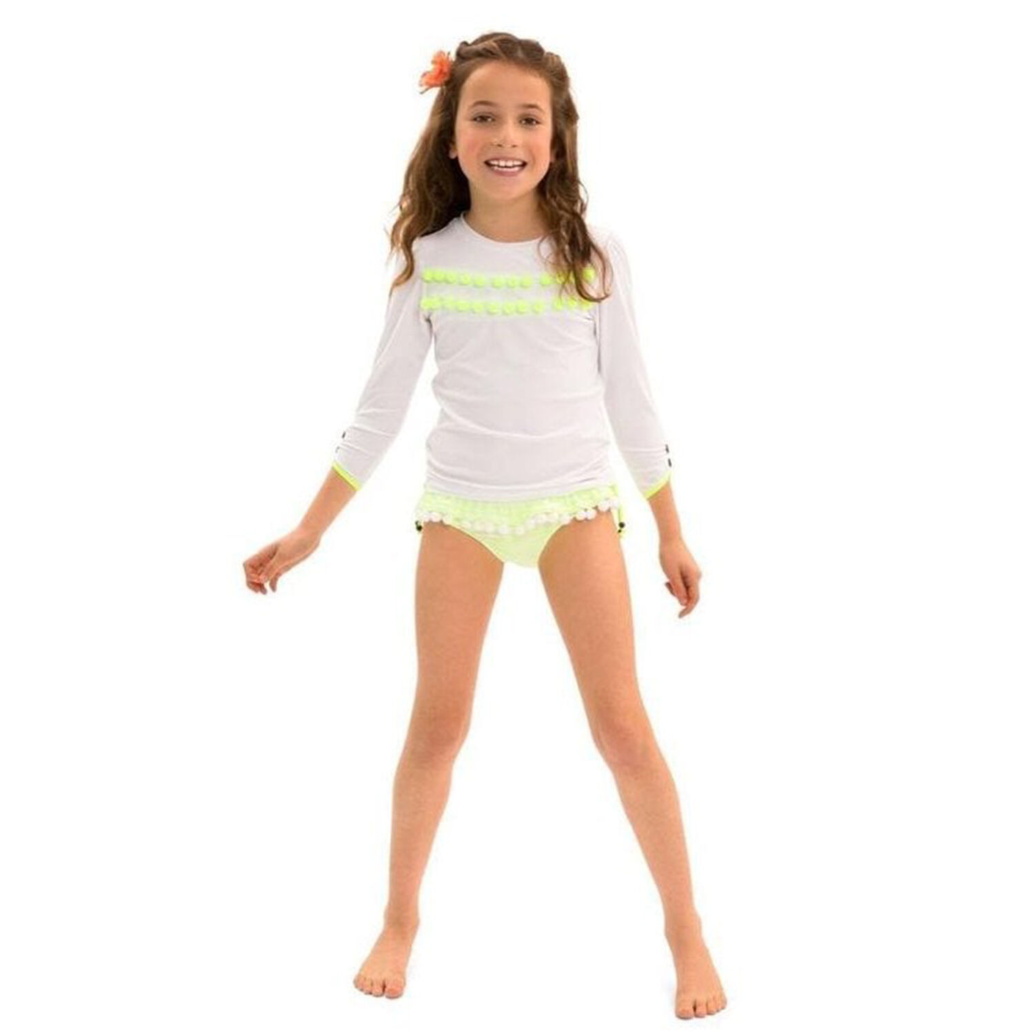 Girls White and Neon Pom Pom Rash Vest UPF 50+, 1, hi-res image number null