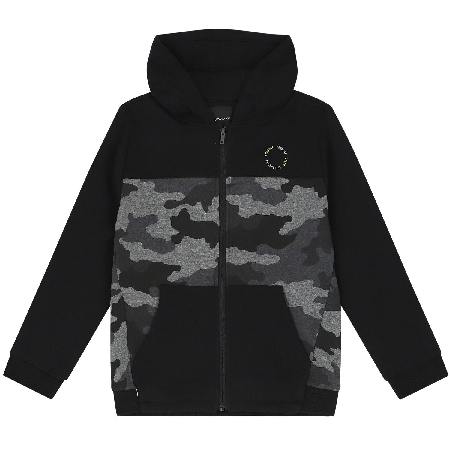Boys Black Camo Zip Up Top, 1, hi-res