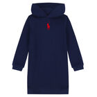Girls Navy Logo Hooded Dress, 1, hi-res